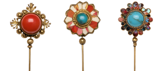 Three Ornate Jewel Pins with Different Gemstone and Floral Designs on Transparent Background