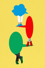 Image banner pop 3d art collage of anonym bodyless human stand legs bubble communication icon...
