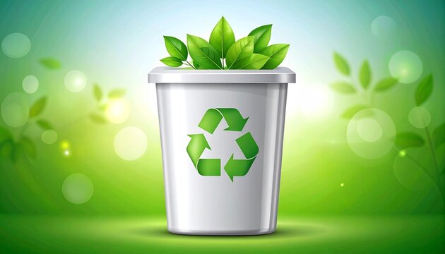 Green ecology concept showing plant growth from a recycle bin, symbolizing environmental care and sustainable waste management on a natural background