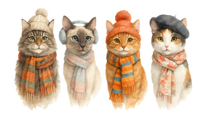 Four watercolor cats wearing winter hats and scarves.