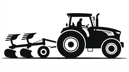 Silhouette vector illustration of modern farm tractor pulling plough in field, agriculture machinery icon for farming equipment, rural cultivation design, isolated black graphic on white background ag