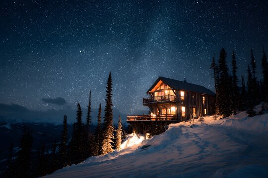 Warmly lit wooden cabin nestled in snowy mountains under a vast star-filled night sky with evergreen trees around it.