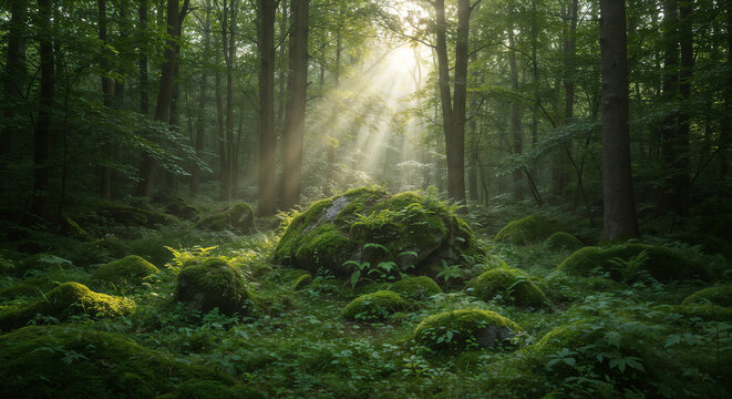 the rays of the dawn sun illuminate a stone in the forest wilderness . Generative AI - Powered by Adobe