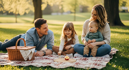 Family enjoying a sunny picnic in the park with children and parents sitting on a blanket surrounded by trees and nature on a beautiful day