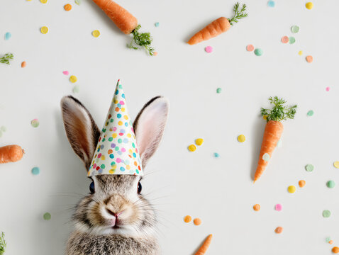Rabbit Party Hat Carrot Celebration Cute Adorable Festive Fun Pets Birthday Decorations Joyful Playful Cheerful Whimsy Furry Sweet Desserts Spring Hare 