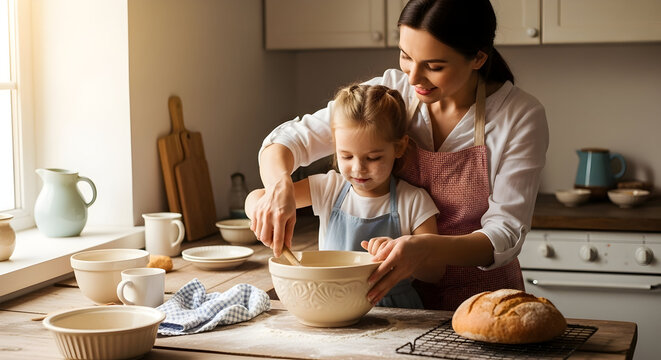Happy mother and daughter baking together in cozy kitchen preparing dough with mixing bowl and ingredients for homemade bread or pastry enjoying quality time and family bonding - Powered by Adobe