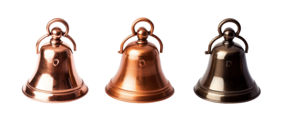 Three Metallic Bells Against Transparent Background Featuring Copper Bronze and Golden Tones with Ringing Structures for Decorative or Alerting Purposes