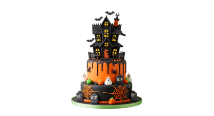 Spooky haunted house Halloween cake delight with ghosts spiders pumpkins and RIP gravestones perfect for festive celebrations