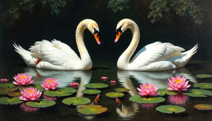 Two elegant white swans swim gracefully in tranquil pond adorned with vibrant pink water lilies. Idyllic scene captures sense of peace, natural beauty, perfect for themes of love, romance, wildlife.