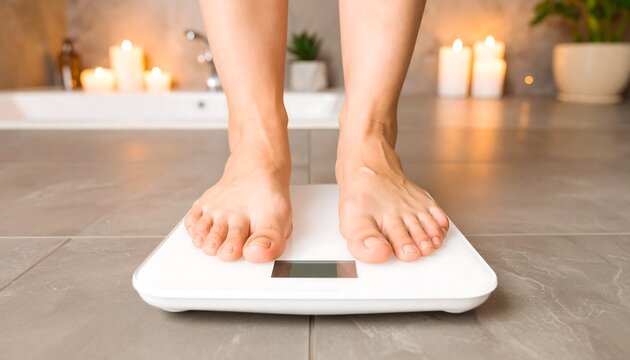 Bare feet stand on a modern white bathroom scale in a spa-like setting. - Powered by Adobe