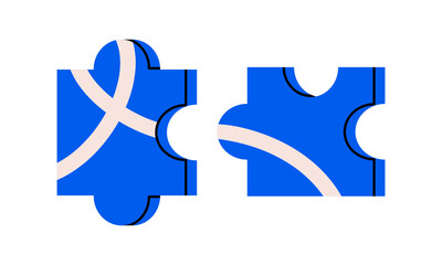 Hand drawn cute cartoon illustration of two puzzle game piece. Flat vector kids construction toy doodle. Perfect match icon or sticker. Creativity solution. Success teamwork. Isolated.