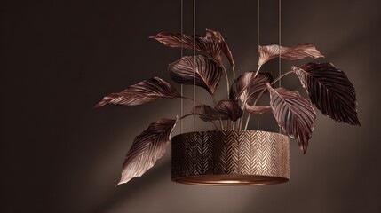 A potted plant hangs from above, showcasing large, textured leaves against a brown backdrop