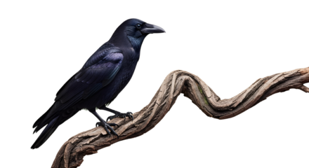 Majestic black crow perched on a weathered branch, exuding an aura of intelligence and mystery, perfect for creative projects.