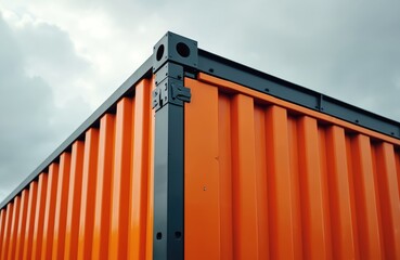 Fototapeta premium Abstract view of orange shipping containers stacked against cloudy sky. Features geometric patterns, industrial design, contrasting metal textures. Modern urban structure highlights logistics,
