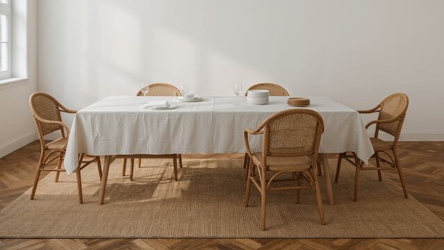 Elegant dining room interior featuring rattan chairs and a linen covered table prepared for a meal with simple tableware and natural light