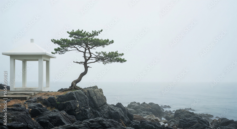 Poster small tree on a coastal rock with a pavilion in mist . generative ai