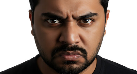 Obraz premium Realistic portrait of a diverse person showing anger, isolated on white background, professional studio lighting, sharp focus, authentic emotional expression, intense angry face, minimal composition, 