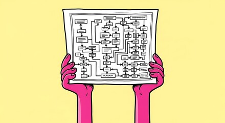 Hands Holding Complex Flowchart Diagram Illustration