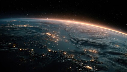 Obraz premium Earth's horizon, lit by sunrise, from space. City lights shimmer across the dark surface