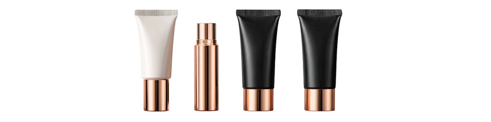 Three cosmetic tubes in various colors, with rose gold caps