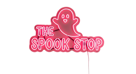 Vibrant pink neon sign with a playful ghost and "The Spook Stop" text, perfect for Halloween or themed decor, creating a fun and spooky atmosphere.