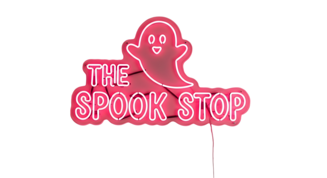 Vibrant pink neon sign with a playful ghost and "The Spook Stop" text, perfect for Halloween or themed decor, creating a fun and spooky atmosphere.