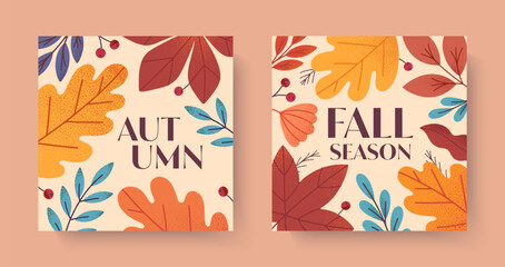 Autumn cards with leaves,berries,foliage and plants.Vector fall season modern illustrations.Trendy autumn templates for prints,ad,social media marketing,branding,packaging,covers.