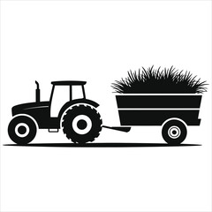 Silhouette Vector Illustration of Tractor Towing Hay Trailer – Black and White Farm Equipment Scene for Agriculture, Harvesting, Hay Transport, Rural Life, Farming Logistics, and Field Work Concepts