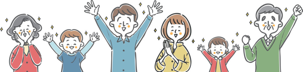 喜んでいる家族三世帯　上半身　ベクター
