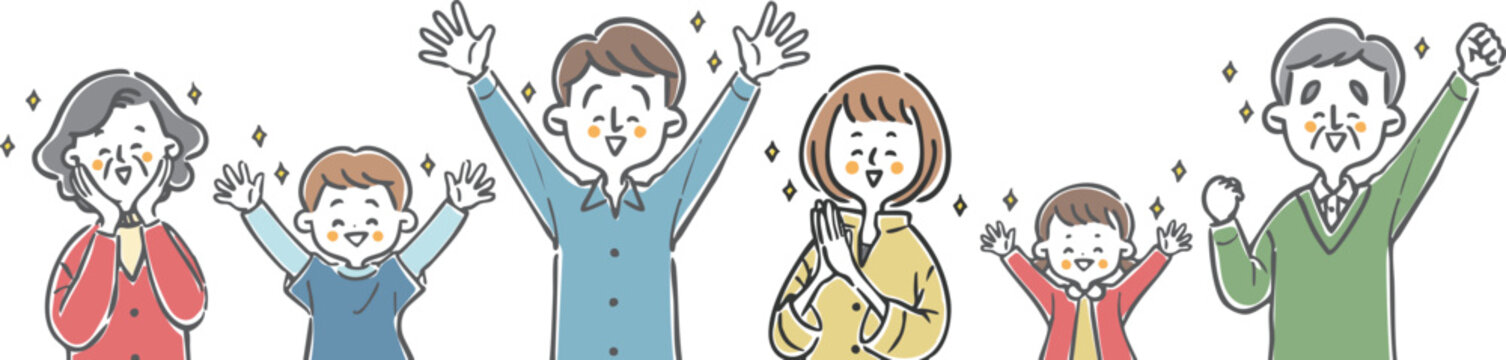 喜んでいる家族三世帯　上半身　ベクター
