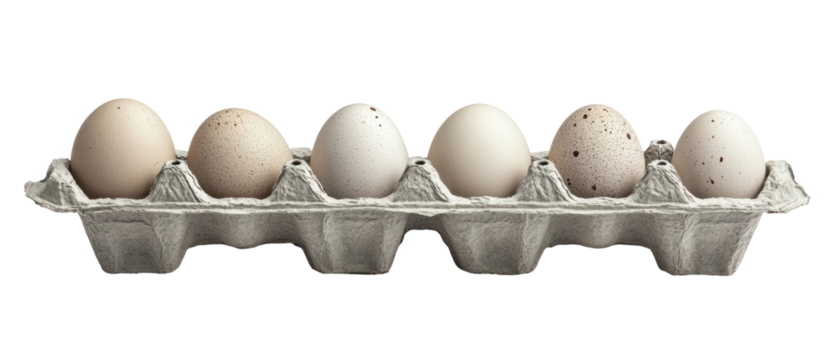 Six Farm Fresh Speckled Eggs in a Gray Cardboard Carton Against a Transparent Background