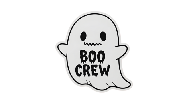 Spooky cute ghost with 'Boo Crew' text, perfect for Halloween party invitations, apparel, or festive decorations