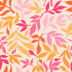 Bright Floral Seamless Pattern in Scandinavian Naive Style with Pink and Orange Blooms Seamless floral pattern featuring bold and vibrant flowers with delicate leaves in a flat, naive Scandinavian 