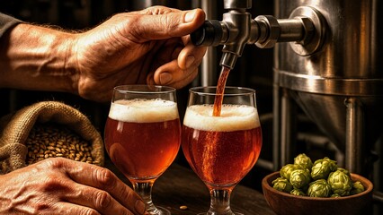 Brewer is pouring fresh craft beer into a glass from a metal tank in a brewery, with hops and barley nearby, showcasing the brewing process and the ingredients used in making beer