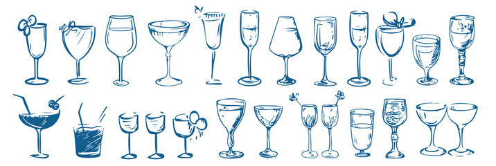 Cocktails illustration set. Hand drawn elements of glass, champagne, wineglass. Line art drawing in doodle sketch style. Elegant elements for menu, invite.