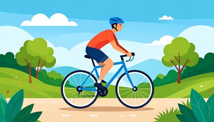 Active man riding a bicycle on a path through a vibrant green landscape on a clear day