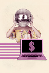 Art image vertical pop photo collage of happy businesswoman businessman stand laptop device dollar...