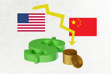 Image full poster art collage of america china flag arrow decline coin dollar taxation loss money...