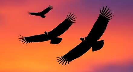 Silhouetted Condors Soaring Against Sunset Sky