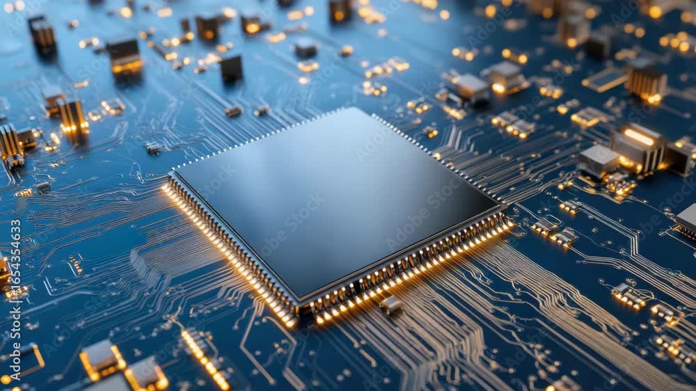 Poster high tech microchip technology circuit board with glowing electronics and intricate motherboard