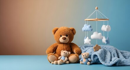 Teddy Bears and Baby Mobile on Blue Blanket, Nursery Decor