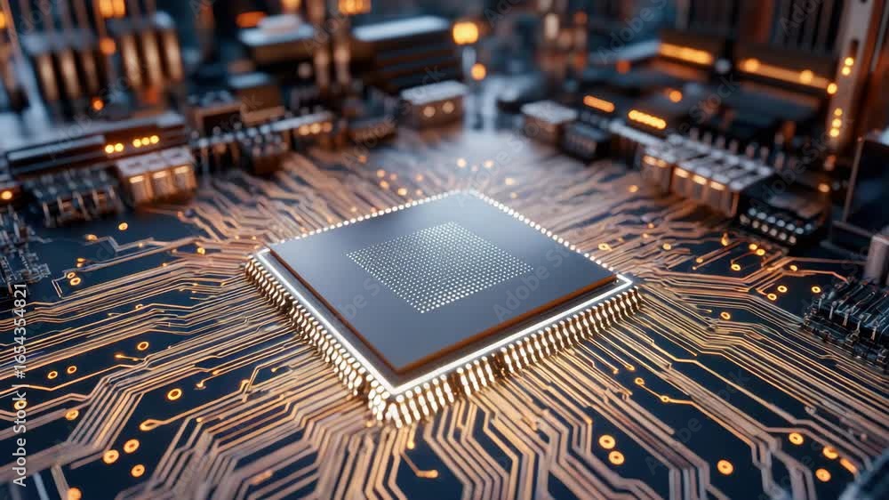 Poster high tech microprocessor circuit board featuring intricate electronics and glowing technology
