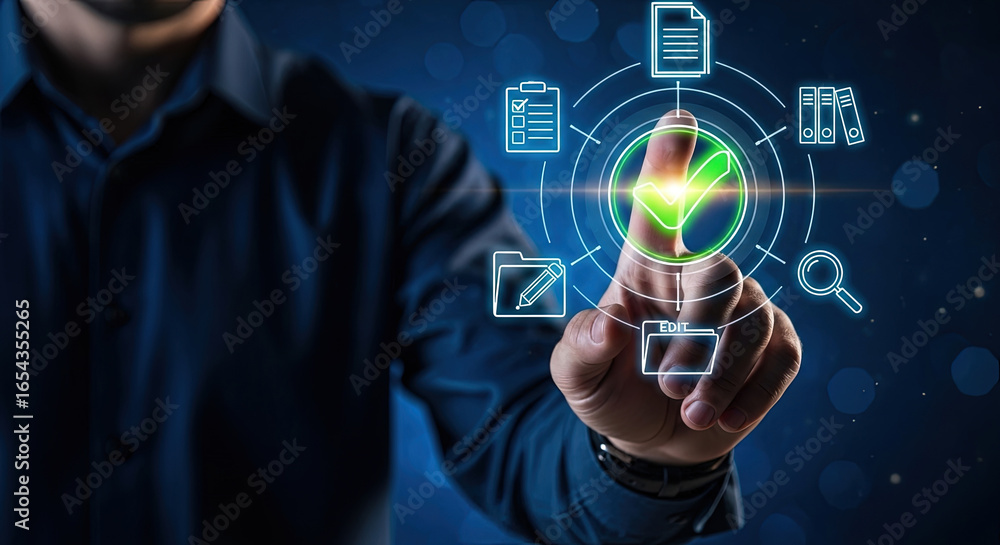 Fototapete digital document management system with green checkmark, business workflow automation, data approval