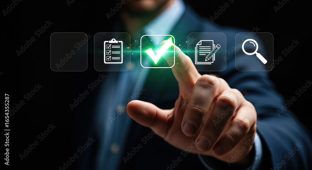 Poster businessman selecting digital checklist: modern interface for task management and productivity, repr