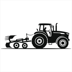 Silhouette of farmer driving modern tractor with plow attachment, black and white vector illustration of agricultural machinery for soil cultivation, farming equipment, rural agriculture and harvest 