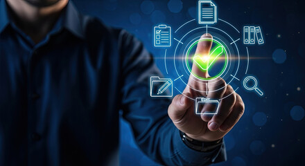 Digital Document Management System with Green Checkmark, Business Workflow Automation, Data Approval and Online Verification on Virtual Interface