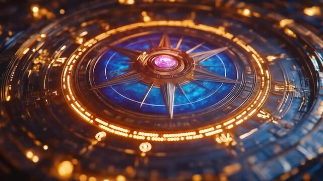 Mystic Compass: An intricate, glowing compass, with a star-shaped design, bathed in radiant, futuristic light, hints at journeys and exploration.