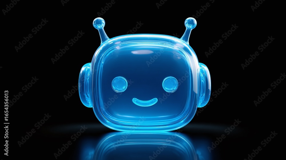 Poster blue robotic face with antennas on a reflective black surface. modern digital ai robot icon design. 