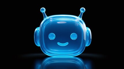 Blue robotic face with antennas on a reflective black surface. Modern digital ai robot icon design. Futuristic virtual assistant.