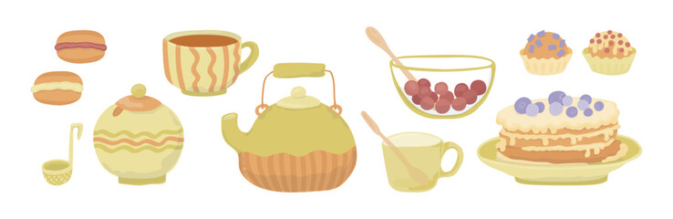 Cartoon tea ceremony. Cute stacks of tasty cupcakes, pancakes with maple syrup, berries, fruits and jam. Delicious breakfast food adorable vector illustrations.